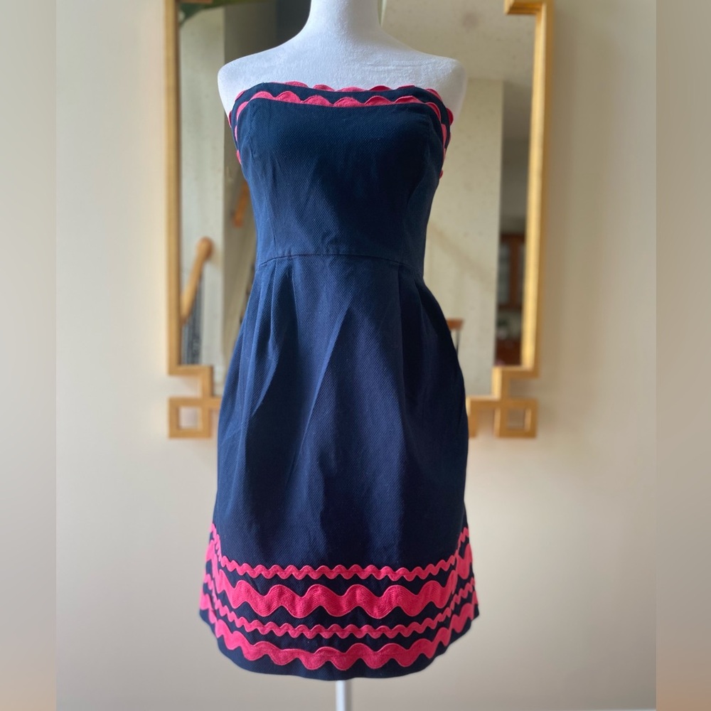 Vineyard Vines Ric Rac Strapless Dress Navy Pink Trim Party Cotton Blend sz 2